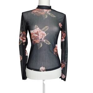 BLACK SHEER LONG SLEEVE BLOUSE WITH PINK PEONIES – SIZE L – FLORAL MESH FIT